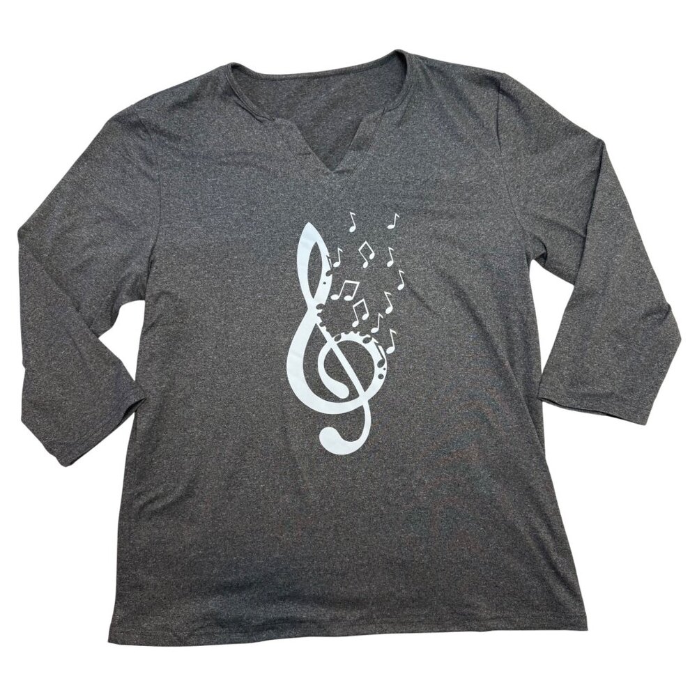 Treble Clef Music Note Top Size L Charcoal Gray Musiccore Graphic Tee 3/4 Sleeve